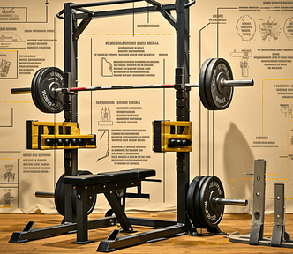 A squat rack with barbells and a weight bench.