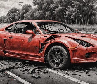 Image shows a drawing of a stretch of road with a wrecked red sports car.