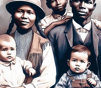Jim’s BIPOC family — pictured are a black man, a Native American woman, and their three kids.