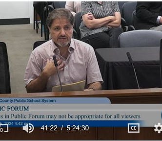 Ramsey Hanhan addressing the Howard County Board of Education (Screen capture by the author), 6/20/2024