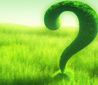 Digital art of a green question mark growing in a green meadow.