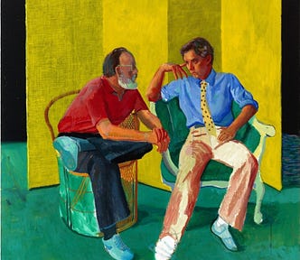 A painting of two men sitting on chairs in front of a yellow background. The other man is leaning forward and looking engaged, while the other is looking bored.