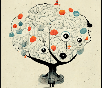 An abstract drawing of human cognitive biases forming a tree and brain