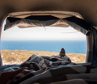 View of the ocean from a van.