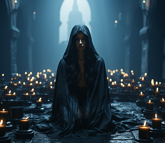 A Midjourney image of a hooded woman at an altar in a medieval dungeon. She is kneeling, facing the viewer, and her hands are on her lap. She is surrounded by candles.