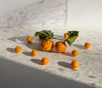 tangerines and groundcherries scattered on white surface in daylight