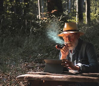 Elderly man with a white beard, wearing glasses, brimmed straw hat, wearing a white t-shirt under a denim blue long sleeved jacket with both sleeves rolled up, puffing on a pipe, while sitting at a wood picnic table in the park with trees, reading a notebook tablet.