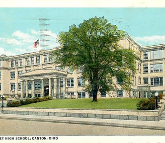 The image shows a painting of the old McKinley High School in Canton, Ohio, as it was in the 1930s.