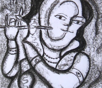A cubist-style drawing of Krishna playing his flute.