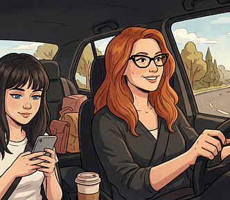 Graphic image of a red-haired mom with glasses driving her phone-obsessed teen around