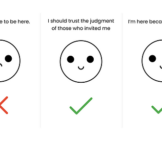 Impostor syndrome illustration showing 3 art boards. 1- “I don’t deserve to be here” with a sad face and a red “X”. 2- “I should trust the judgement of those who invited me” with a smiley face and a green checkmark. And 3- “I’m here because I earned it” with a smiley face and a green checkmark.