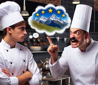 In a high-class, professional kitchen, a scowling chef with a pencil-moustache, points and shouts at a young chef who stands seeing imagination bubbles showing Swiss Alps and Michelin stars.