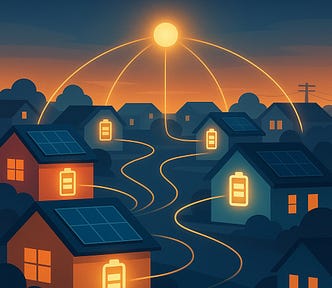 IMAGE: A neighborhood at dusk, rooftop batteries glowing and linked by light lines to form a virtual power plant