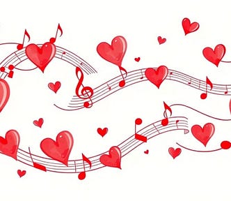Sheet music in waves with red notes and red hearts, all on a white background.