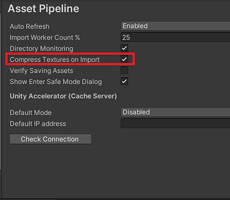 The compress textures on import setting in Preferences/Asset Pipeline