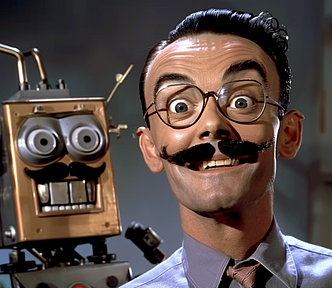 a smiling man with mustache and glasses, he’s building a golden robot with mustache and looks exactly like him. AI image created on MidJourney by henrique centieiro and bee lee