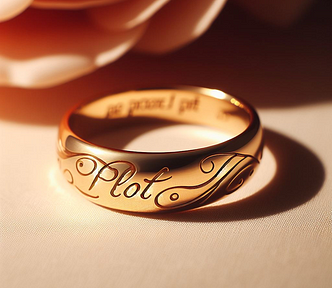 A gold ring engraved with the word “Plot” in cursive.
