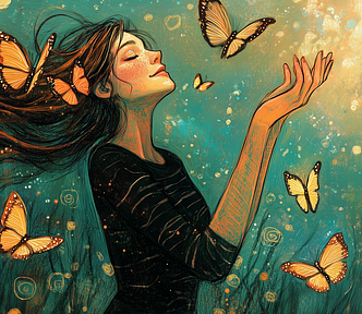 A woman with long flowing hair smiles peacefully as she raises her hand toward the sky, surrounded by orange butterflies in a dreamy, teal-toned background.