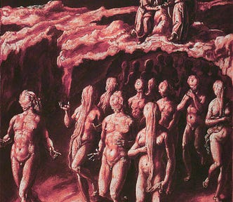 Giovanni Stradano’s 1587 illustration of Canto 20 of Dante’s *Inferno*, depicting the fortunetellers in the 4th Bolgia (pit) their heads rotated 180' on their necks, forced ever to walk in circles, looking backwards.