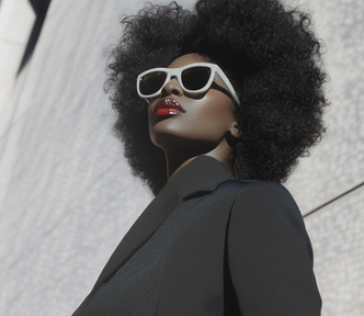 AI-Generated image of a second year. Tall Black woman, big hair, new york couture, red lipstick. Happy but not joy filled. Leaving now.