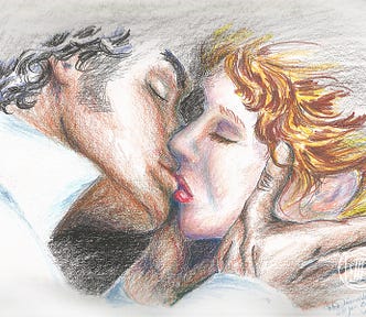 “Whisper Me a Kiss” — a colored pencil drawing of a tender kiss, drawing by the author to accompany the poem of the same name.
