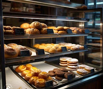 Cartoon of an Italian bakery counter, glass front, inclined shelves with trays of Italian bakery items. One tray Is empty.