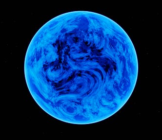 A swirling blue planet