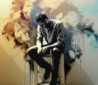 A digital painting of a man sitting on top of a chair, he is sad and lost in his thoughts. The background features abstract watercolor splashes in different colors creating a dynamic effect.