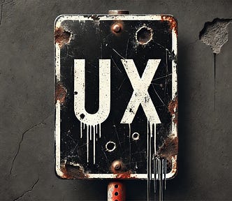A broken “UX” sign, rusted and hanging by a thread — a metaphor for an industry once powerful, now neglected but not beyond repair.