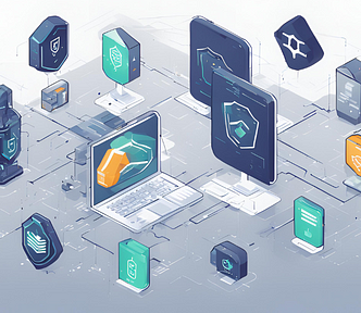 Illustration of a secure Node.js API infrastructure, featuring a server surrounded by shields and locks, with visual elements like code snippets, a secure connection symbol, and the Node.js logo, using blue and green colors to convey security and reliability.