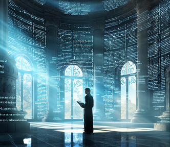 Man in a room holding a book and ethereal computation on the walls