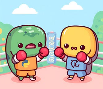 Bing Image Generator prompt: a cute boxing battle between python programming language and javascript programming language, in a cute nature themed environment