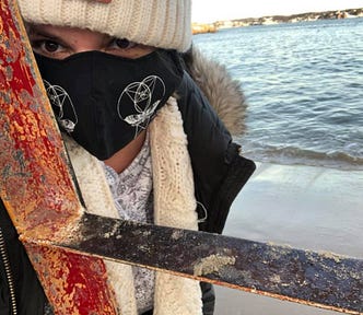 Gina Pacelli in a Vampfangs mask, Half Moon Beach, Gloucester, Massachusetts