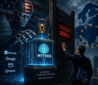 IMAGE: A towering humanoid robot with American flag features controls a glowing AI core behind a locked barrier, while a European figure reaches toward a wall marked “access denied,” symbolizing restricted access to critical cybersecurity technology