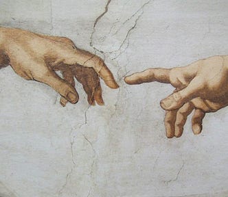 Hand of God and Adam, from The Creation, on the ceiling of the Sistine Chapel, Rome, Michelangelo, painted from 1508–1512
