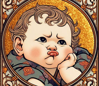 A pouting baby in a gold frame.