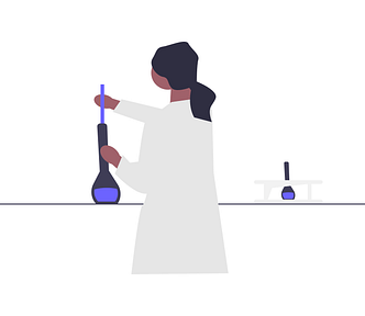 Scientist adds liquid to a beaker in a lab