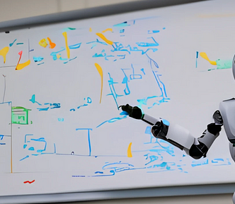 A robot in front of a whiteboard