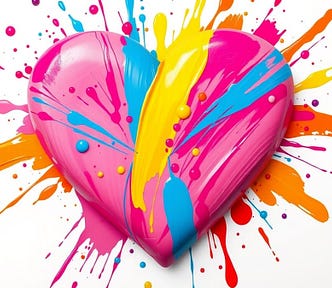 Image shows a pink heart on a white background, splashed with blue, yellow, orange and dark pink paint.