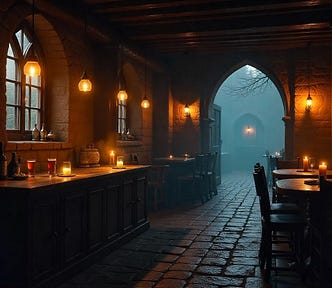 a fantasy tavern, dark, smoky, moody lighting, some ale