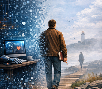 A man walking away from a computer into the real world.