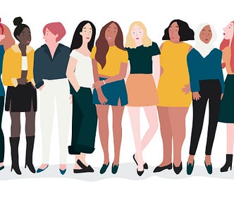 Vector image of 9 different women standing together in a line.