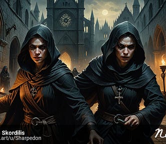 A group of two dark clothed hooded monks facing the viewer,  and three more behind them, inside an old Christian cathedral. A full Moon can be seen in the background.