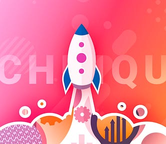 An illustration of a rocket with clouds containing cogs and arrows