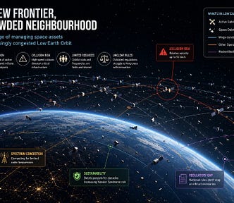 A representation of how crowded Low Earth Orbit is with satellites orbiting very close to each other, and the issues that causes
