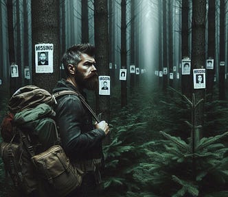 A bearded man in his 40s wearing a camping backpack stands amongst a dense, eerie forest. He stares at a line of pine trees with photo placards of missing persons. The mood is threatening, suspenseful and mysterious.