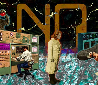 An existential plane extending to an abstract background. Scattered through the scene are mainframes and control panels, being worked by faceless figure. In the center stands a downcast MD in old-fashioned scrubs. In the foreground to the right is an impatient older man in a business suit, staring at his watch and brandishing a sheaf of papers. In the background left is a grim reaper figure raising a glass of blood in a toast, the blood spattering his robes. In the center background in large mag