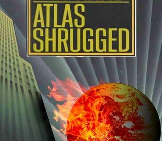 The cover for the paperback of Ayn Rand’s ‘Atlas Shrugged.’ The rising sun image has been replaced with a flaming, angry Earth, which has scorched a nearby building.