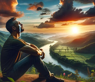 The image illustrates the emotional scene of a man reconnecting with his old self through tears in a peaceful, natural setting.