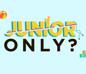 The image shows “Junior only?” text and word Junior is cut in the middle. The text is surrounded by various toys.